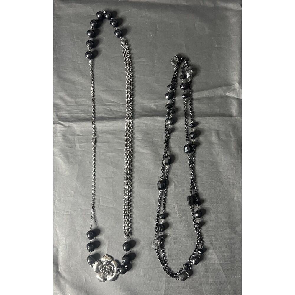 Lot Of Two Necklaces - All Have Black Stones Rhinestones Dark Chain 17 & 29”
